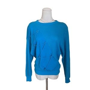 Vintage 80s Turquiose Blue Dolman Top Blouse Lace Up Mesh New Wave Romantics
